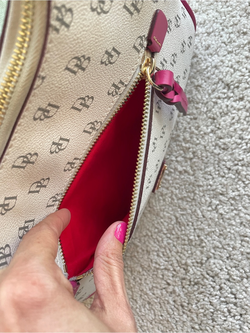 Dooney Bourke White Monogram Shoulder Bag with Pink Trim - Gretta Twist Strap - Picture 14 of 17